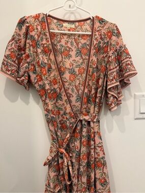 Max Studio Floral Pink Wrap Dress with Ruffle Sleeves